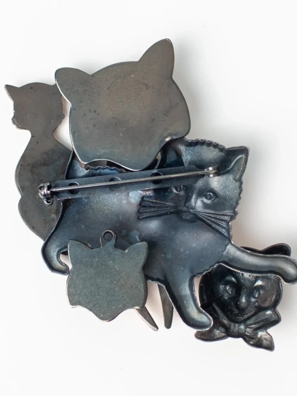 Vintage Crazy Cat Lady Brooch Layered Metal Cats Whimsical Copper Gold Silver - Picture 2 of 4